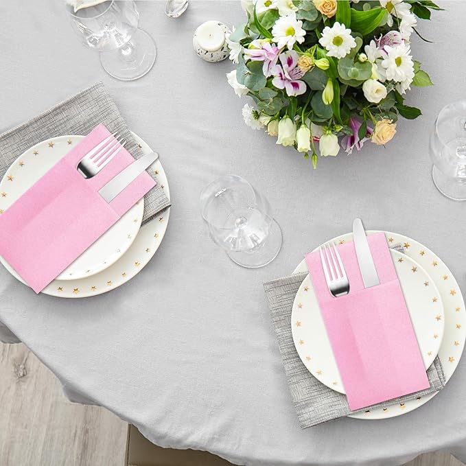 Pink Napkins Hand Towels Disposable, Linen-Feel Dinner Napkins with Prefolded Built-in Flatware Pocket, Guest Paper Hand Towels For Wedding, Dinner Or Party (16x16in, 50Pack）