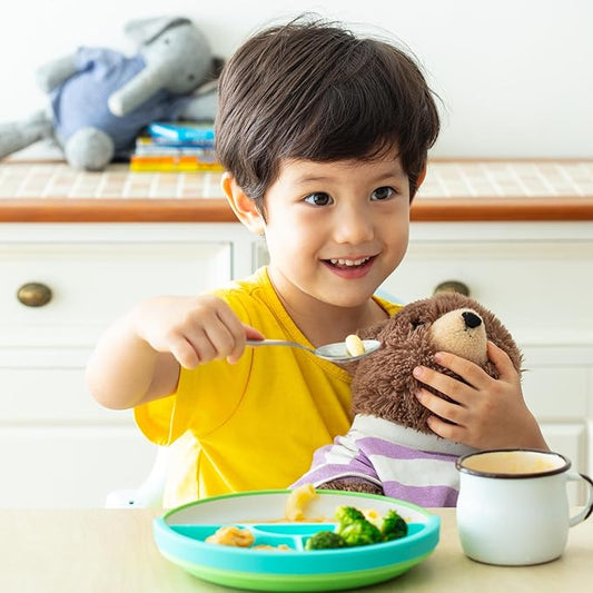 Omie® Easy Scoop Plates for Kids | Unique Design Helps Food Fall into the Spoon, Not on the Table | Made from Plants | 3 Plates + 2 Silicone Dividers | Green