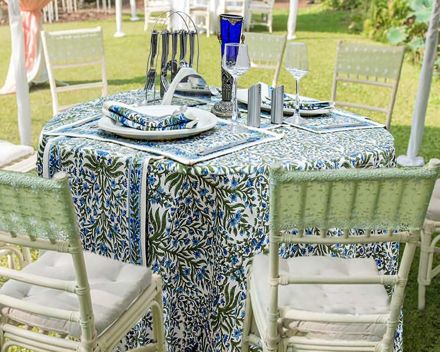 90 Inches Round Hand Block Printed Cotton Tablecloth, Blue White Floral Table Cloths Washable, Indian Table Linen for Dinning Home Decor Autumn Outdoor Thanksgiving Gifts