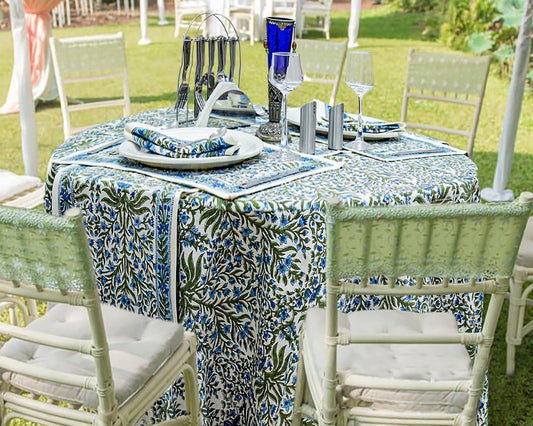 110 Inches Round Hand Block Printed Cotton Tablecloth, Blue White Floral Table Cloths Washable, Indian Table Linen for Dinning Home Decor Autumn Outdoor Thanksgiving Gifts