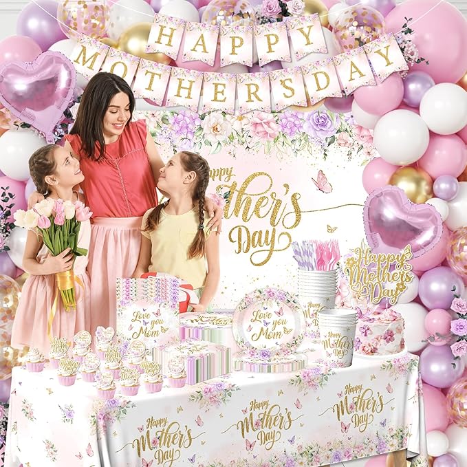 Happy Mother's Day Party Supplies,Pink and Purple Mothers Day Plates,Napkins,Balloon Arch,Banners,Cake Toppers Spring Floral Theme Love You Mom Decorations for Best Mom Ever Party Favor Serve 24