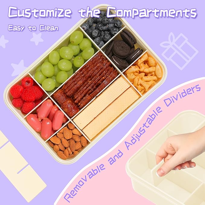 Snack Box Container for Kids - Adjustable 12-Compartment Snack Containers, Reusable Bento Box, Dishwasher Safe, BPA-Free, Perfect for School, Travel, Camping & Picnic, Ivory White