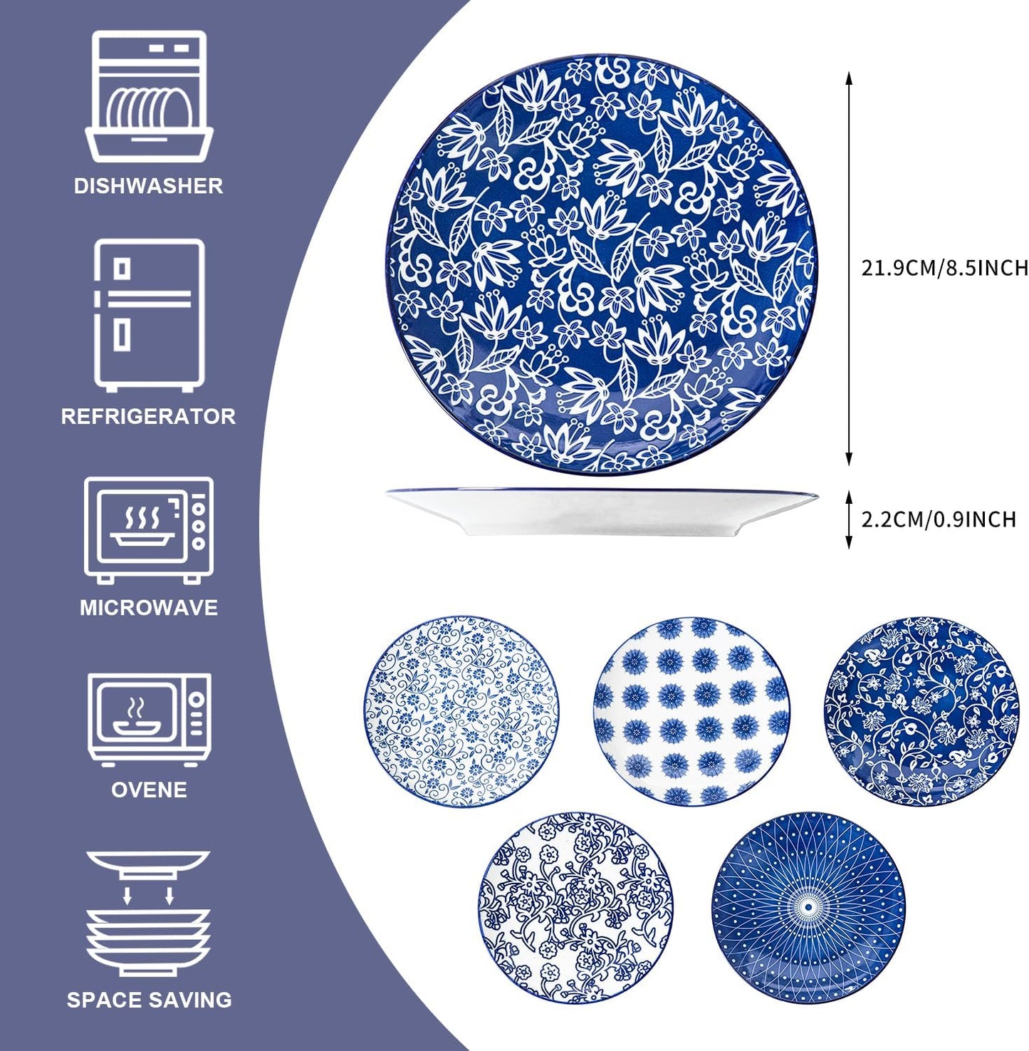 Ceramic Salad Plates Set - 8.5 Inch Kitchen Small Round Dinner - Scratch Resistant Porcelain Microwave Oven Dishwasher Safe - Dishes for Sandwich Dessert Appetizer - Set of 6 - Vintage Blue