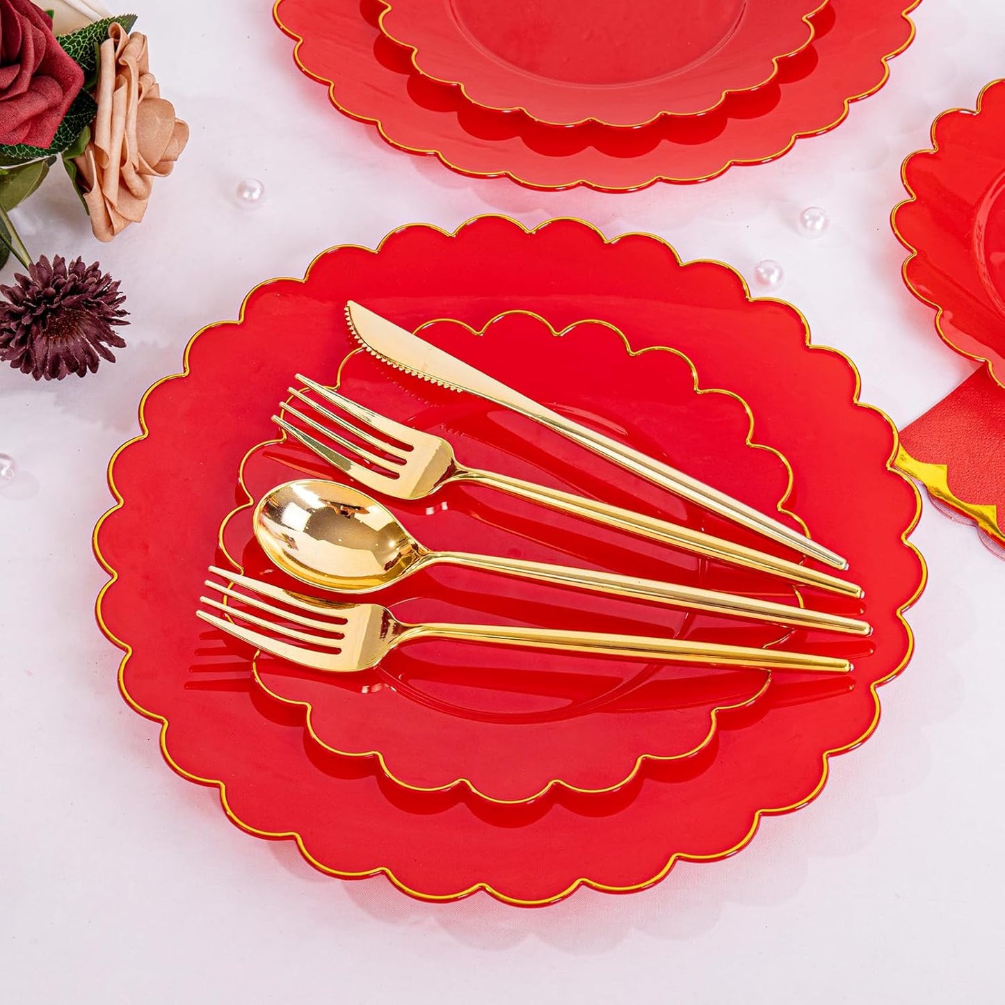 LIYH 210 Pcs Red Plastic Plates - Christmas Disposable Plates and Napkins Set, Gold Scalloped Plastic Plate Include Dinner & Dessert Plate, Silverware, Cups for Xmas Day 30 Guests