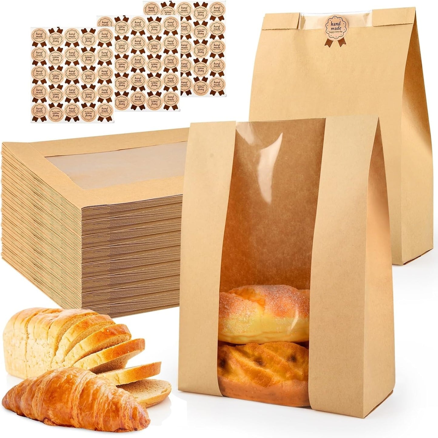 50 Pcs Bread Bags for Homemade, ROOKEA Sourdough Bread Bags with Window for Baked Paper Packaging with Sealing Stickers Bakery Cookie Food Snack Storage Large Kraft Paper 13.7x8.2x3.5 inch