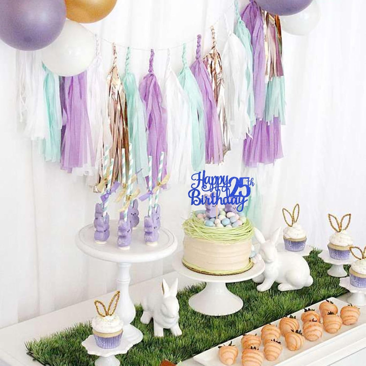 1 PCS Happy 25th Birthday Cake Topper Glitter Cheers to 25 Years Birthday Cake Pick Twenty Five 25 Fabulous Cake Decoration for Happy 25th Birthday Theme Party Decorations Supplies Blue