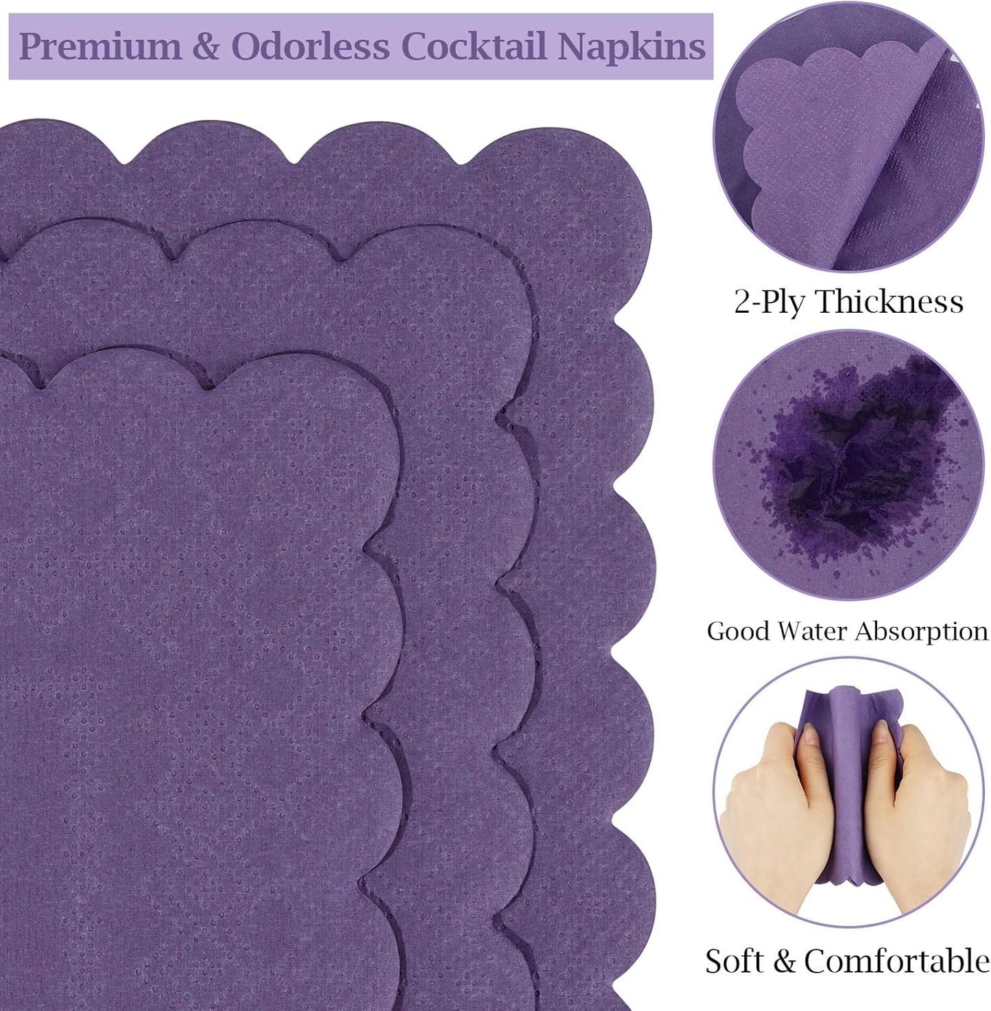 100 Pcs Cocktail Napkins, 2-Ply 5 x 5 Inches Disposable Scalloped Napkins, Thick Premium Dessert Napkins for Party, Wedding, Dinner, Birthday, Anniversary, Festival (Purple)