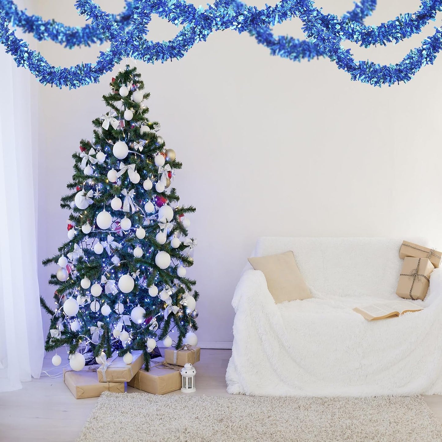 Dingion 59 Feet Christmas Tinsel Garland Metallic Twist Ornaments Hanging Glitter Xmas Garland for Christmas Tree Indoor Outdoor Decoration Party Supplies(Light Blue, Dark Blue)