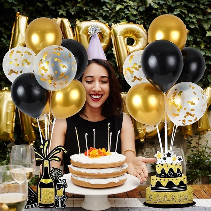 6 Sets Balloon Stand Kit for Table Happy Birthday Black Gold Balloon Centerpiece Decor Black and Gold Balloon Stand Kit for 40th 50th 60th 70th Birthday Party Decoration