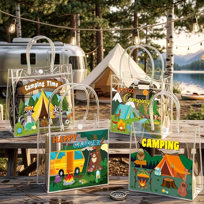 H1vojoxo Camping PVC Gift Bags - 24PCS Camping Party Favors Bags with Handles 7.9x3.2x7.9 Inch Camp Theme Plastic Transparent Gift Bag for Summer Camps Camping Adventures Outdoor Activity Party Favors