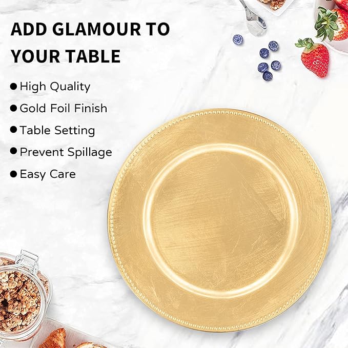 MAONAME Gold Charger Plates Set of 12, Foil 13" Plate Chargers with Beaded, Plastic Round Chargers for Dinner Plates, Table Setting