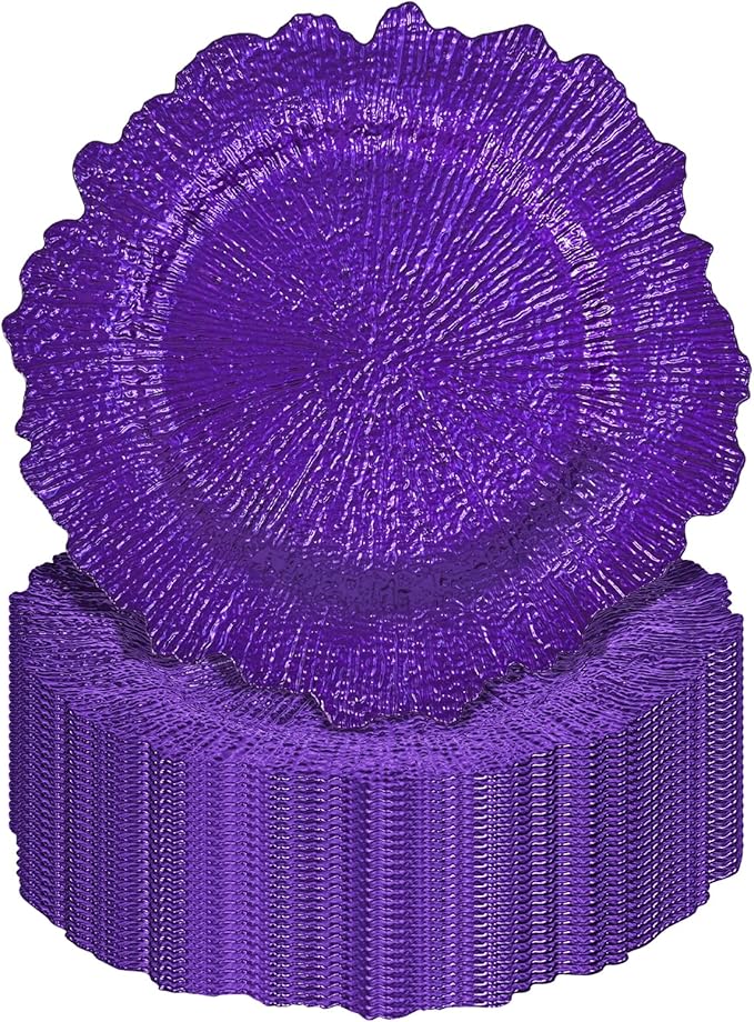 Pesonlook 24Pcs Purple Charger Plates Round 13inch, Reef Plate Chargers for Dinner, Bulk Plastic Floral Table Plates for Dinner Wedding Party Event Table Setting Decoration(Purple)