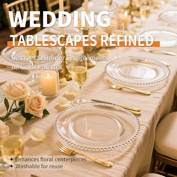12 Pack Clear Charger Plates Bulk Wedding, 13 Inch Plastic Round Dinner Chargers with Orange Beaded Rim, Acrylic Round Decorative Plates for Wedding Party Home and Tabletop Decor (Orange)
