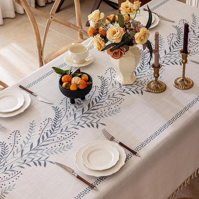 Joyfol Day Rustic Waterproof Linen Tablecloth, Heavy Weight Fern Embroidery Table Cloths for Rectangle Tables, Farmhouse Spill-Proof Table Covers with Tassels, Blue 55''x 86''