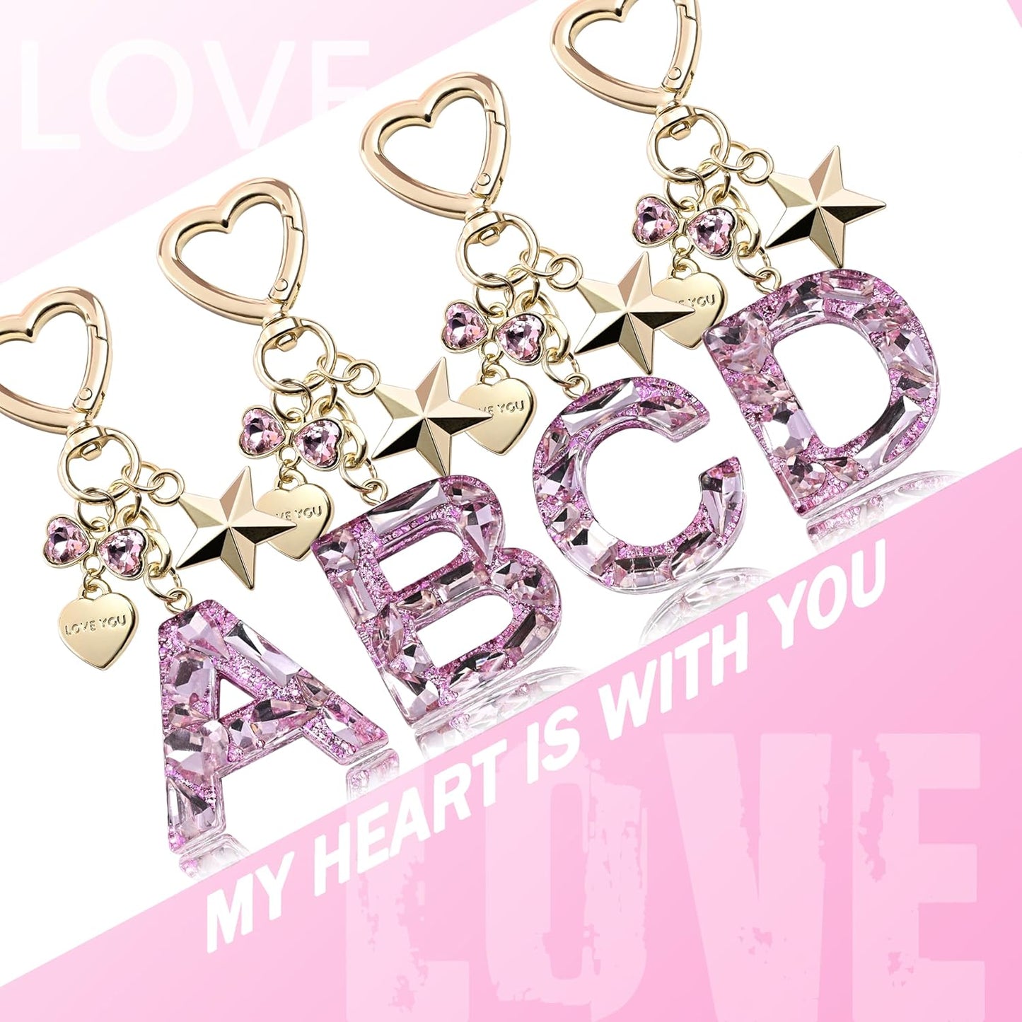 Cute Bling Keychain initial Letter Butterfly Star Pink Purple Gift for Women Girls Bag Cup Charms Accessories