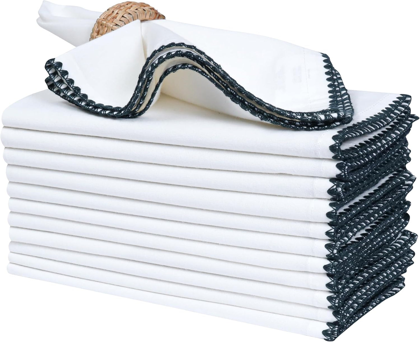 Bedding Craft Cotton Cloth Dinner Napkins Set of 12 – 18x18 Magical Forest Green Napkins with Colored Edge Embroidery – Durable Reusable Wedding Napkins for Dining Table Décor, Banquets & Restaurants