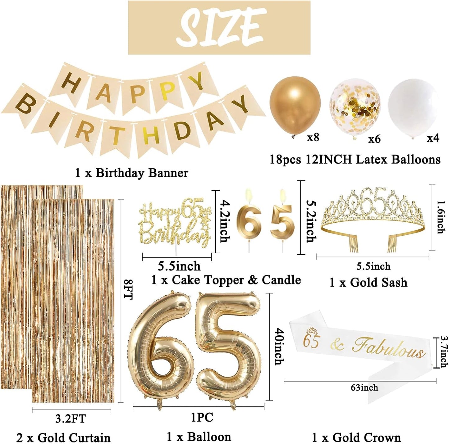 Trgowaul 65th Birthday Decorations for Women, Banner, Sash and Crown, Cake Topper, 65 Number Balloon, Fringe Curtains, Champagne Gold 65th Birthday Party Supplies