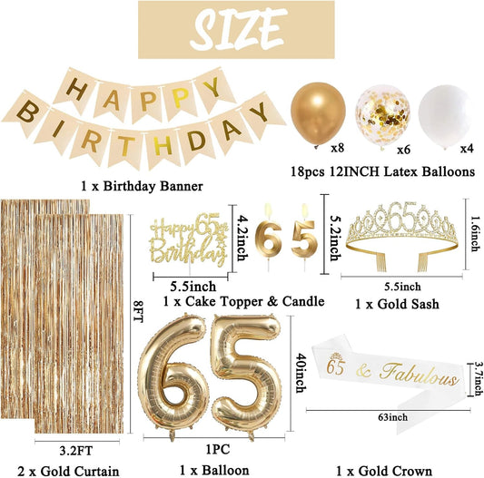 Trgowaul 65th Birthday Decorations for Women, Banner, Sash and Crown, Cake Topper, 65 Number Balloon, Fringe Curtains, Champagne Gold 65th Birthday Party Supplies