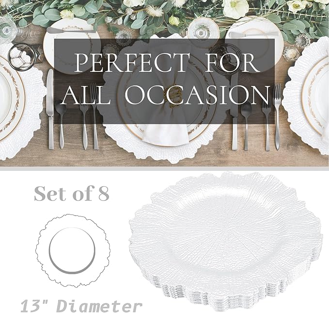MAONAME 13" White Charger Plates Set of 8, Round Reef Chargers for Dinner Plates, Plastic Plate Chargers for Table Setting, Wedding Decor