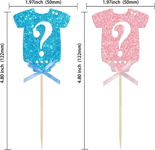 Ephlyn 24Pcs Gender Reveal Cupcake Toppers Glitter Pink Blue Bow Onesie Question Mark Boy or Girl Cake Topper Decorations for Baby Shower Theme Gender Reveal Kids Birthday Party Supplies Blue Pink