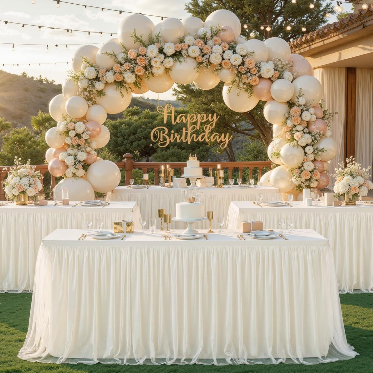 Suppromo Ivory Tulle Tablecloth for 4 Foot Rectangular Tables, 48 x 24 Inch White Rectangle Table Cloth, Wrinkle Free Table Cover with Tutu Skirt for Wedding Birthday Party Banquet Tablecover