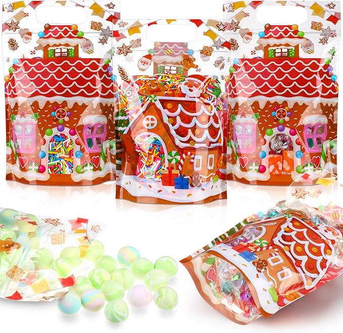 Blosssound 50 Pcs Christmas Party Gift Bags Gingerbread House Favor Bags Xmas Holiday Plastic Bags with Handle for Christmas Holiday Party Candy Guests Gift Wrapping Supplies Decor (Gingerbread House)