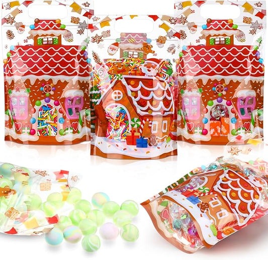 Blosssound 50 Pcs Christmas Party Gift Bags Gingerbread House Favor Bags Xmas Holiday Plastic Bags with Handle for Christmas Holiday Party Candy Guests Gift Wrapping Supplies Decor (Gingerbread House)