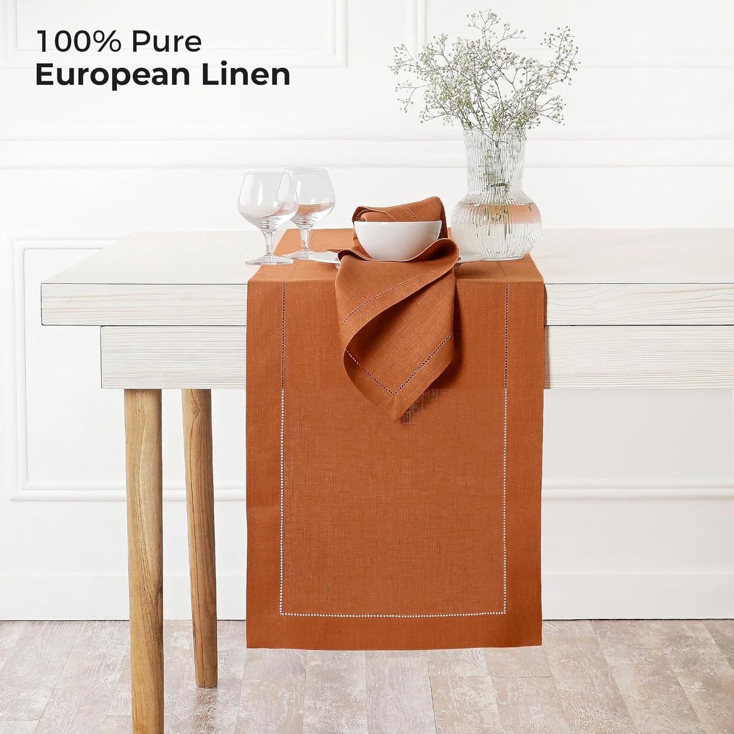 D'Moksha Homes Linen Rust Table Runner 108 Inches Long - 100% Pure Linen 14 x 108 Inch Table Runner for Fall, Halloween - Classic Hemstitch