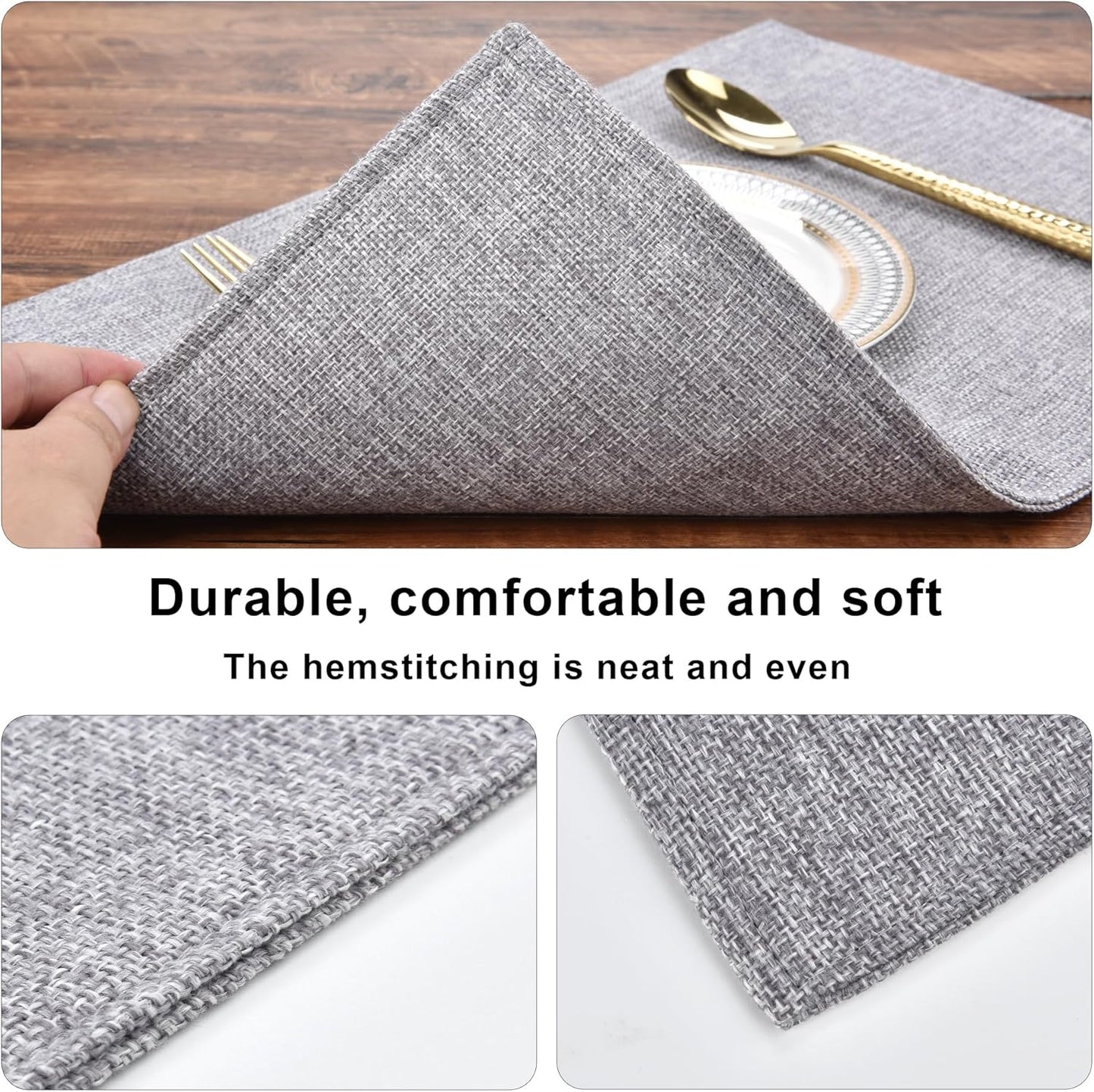 SLKQG Placemats Set of 6, Heat Resistant & Machine Washable Faux Linen Double-Layered Cloth Placemats for Dining Table, Indoor/Outdoor Use, Wrinkle-Free and Non-Slip Kitchen Table Mats (6, Smoke Gray)