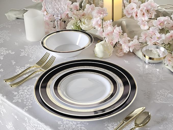 " OCCASIONS " 50 Plates Pack (25 Guests)-Heavyweight Wedding Party Disposable Plastic Plate Set -25 x 10.5'' Dinner + 25 x 7.5'' Salad/dessert plates (Ritz Black and Gold)
