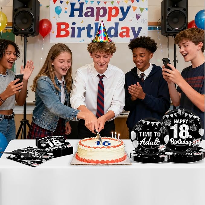 96PCS 18th Birthday Party Paper Plates and Napkins Black Silver 18th Birthday Supplies for Boys and Girls Time to Adult Disposable Dessert Plates Happy 18 Kids Party Birthday Gatherings Decorations