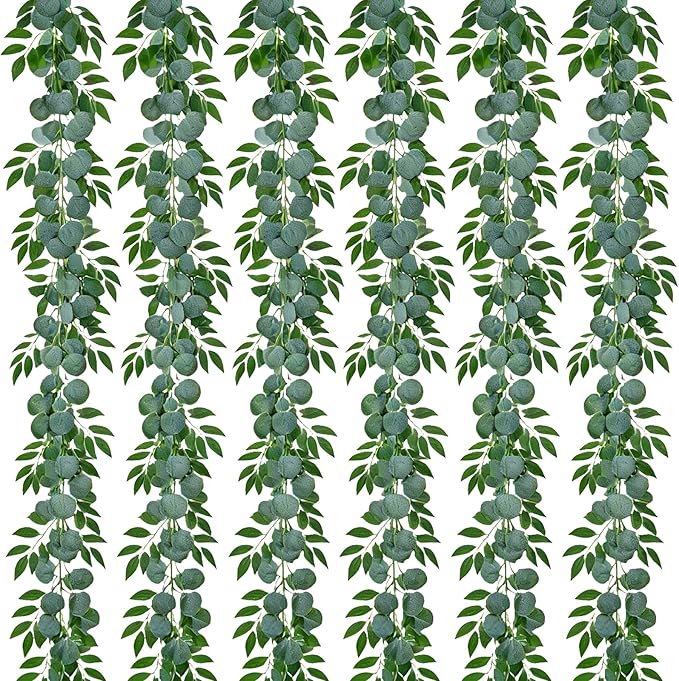 Greentime 6 Pack Artificial Eucalyptus Garland Plant Faux Greenery Garland Leaves with Willow Hanging Vines for Wedding Party Backdrop Home Indoor Outdoor Table Arch Wall Decoration