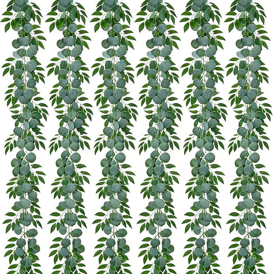 Greentime 6 Pack Artificial Eucalyptus Garland Plant Faux Greenery Garland Leaves with Willow Hanging Vines for Wedding Party Backdrop Home Indoor Outdoor Table Arch Wall Decoration