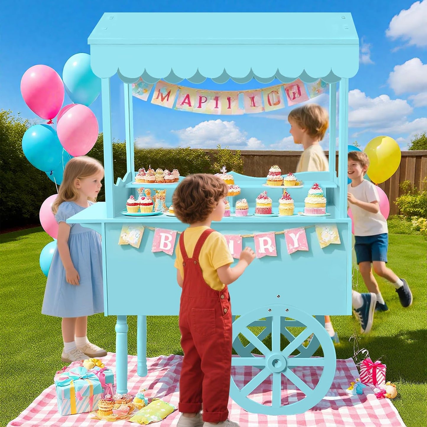 Candy Cart Display Stand for Party, Dessert Cake Cart Stand with Wheels, Vintage Dessert Display Stand Decoration Cart with 100 Balloons, String Light for Parties, Birthdays & Weddings (BLUE)
