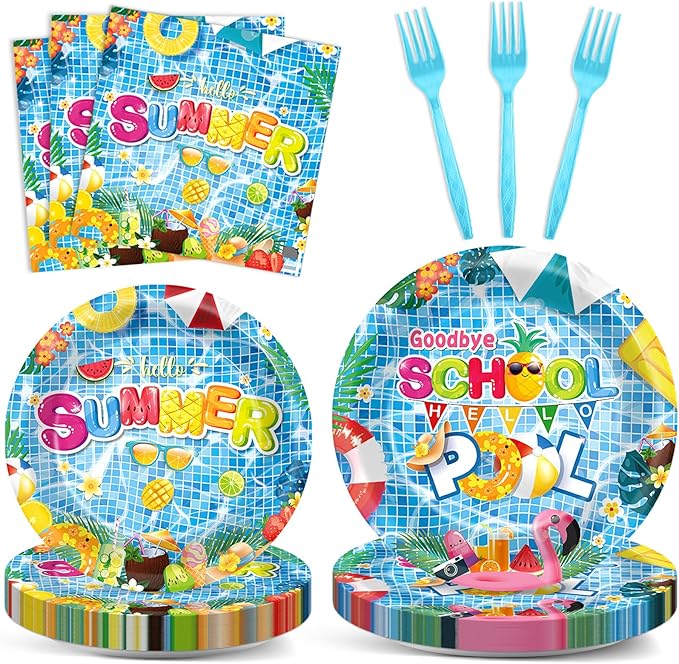 OBUSATT 96 Pcs Goodbye School Hello Pool Party Supplies Summer Beach Paper Plates Napkins Summer Vacation Dinnerware Party Decorations Favor for End of School Year Serves 24