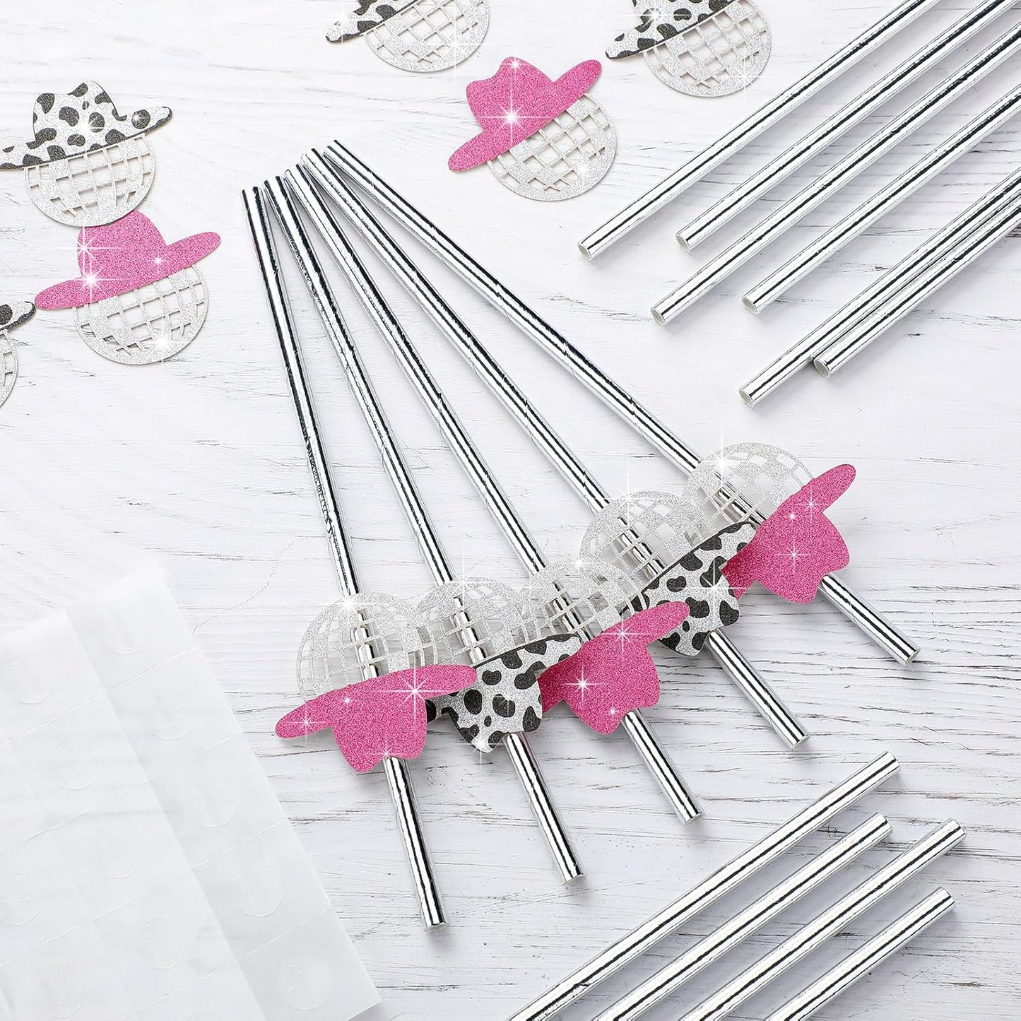 Tanlade 50 Pcs Mini Disco Ball Straws 70s Disco Straws Mirror Glitter Cowgirl Hat Party Decorations for Dance Holiday Wedding Birthday Supplies(Pink, Black)