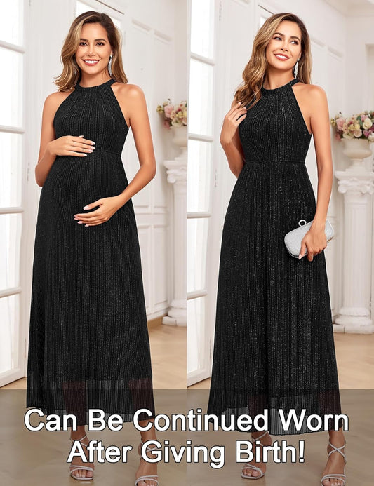 Maternity Sparkly Mesh Dress Halter Neck Sleeveless A Line Pregnancy Dresses Semi Formal Baby Shower Photoshoot