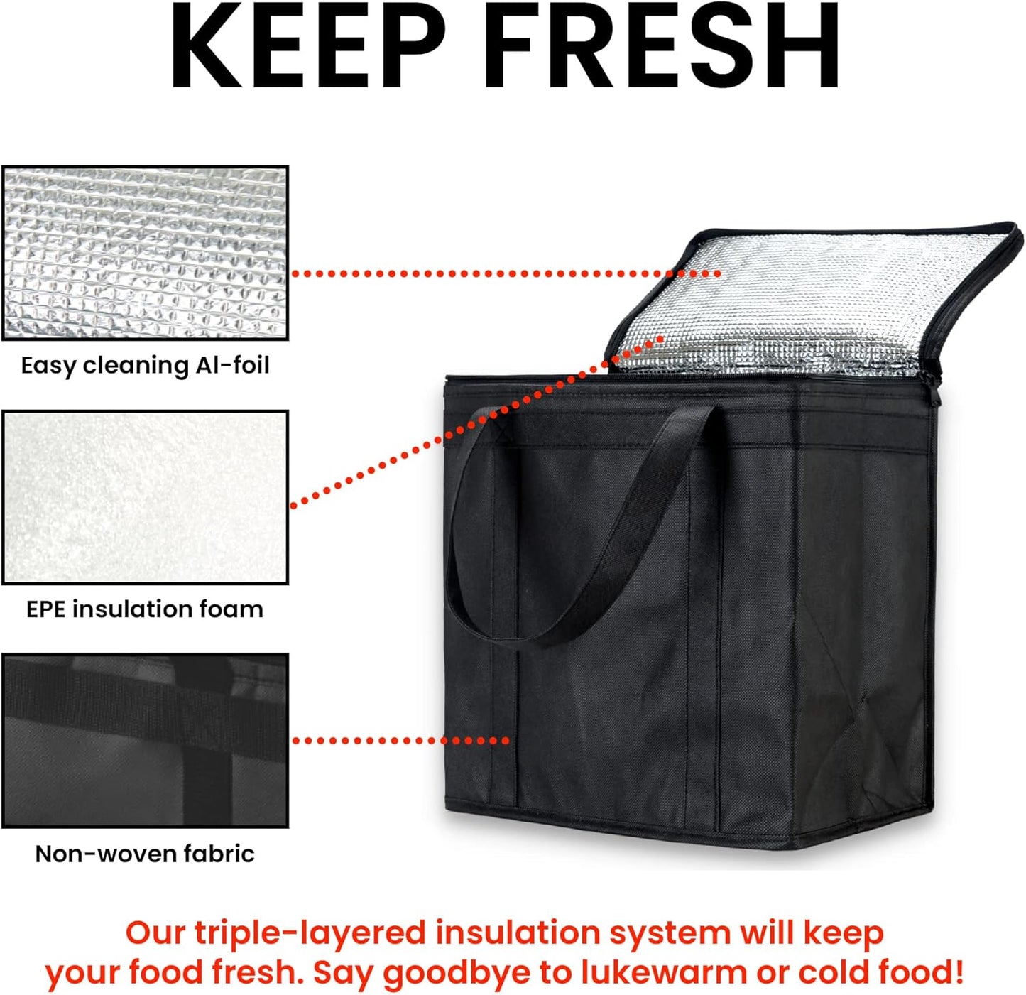 Medium Insulated Cooler Bag and Food Warmer for Delivery & Grocery Shopping with Zippered Top, Black (1 Pack)
