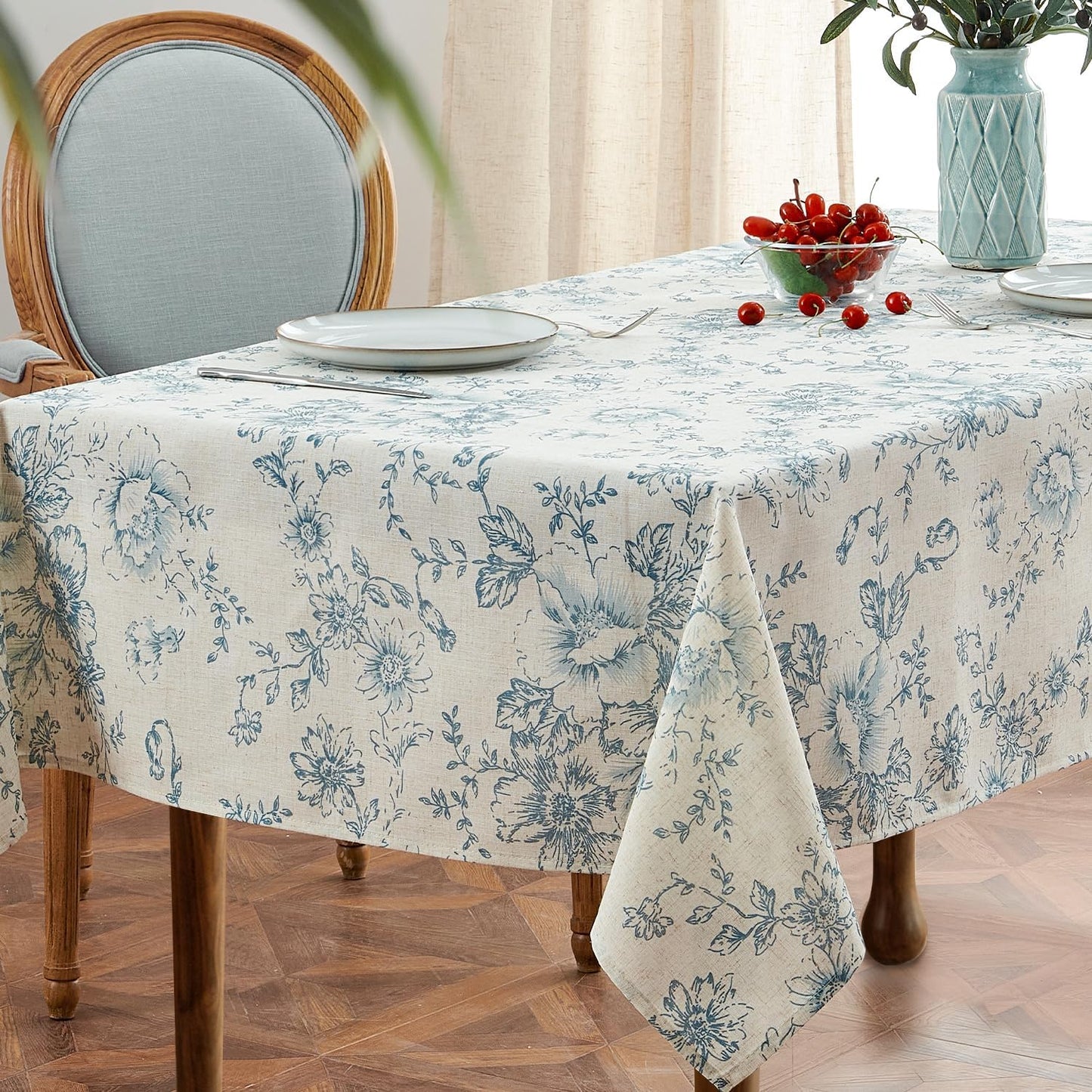 jinchan Linen Table Cloth 52 x 70 Inch with Flower Print Farmhouse Beige Linen Blend Cloth for Rectangle Dining Table Washable Cottage Table Cover Home Decor 1 Panel Floral Blue on Beige