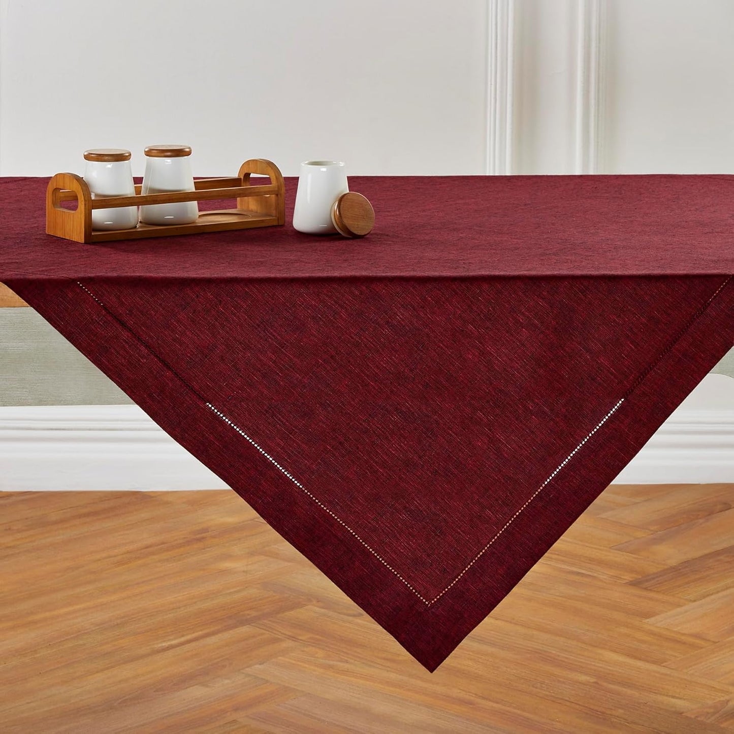 Solino Home Linen Square Tablecloth 52 x 52 Inch - 100% Pure Linen Red Garnet Table Throw - Milan Hemstitch, Machine Washable Table Cloth for Fall, Autumn, Thanksgiving, Christmas, Holiday