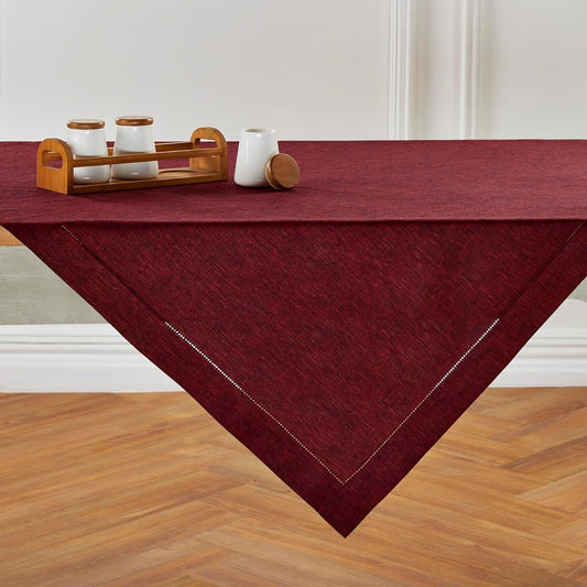Solino Home Linen Square Tablecloth 52 x 52 Inch - 100% Pure Linen Red Garnet Table Throw - Milan Hemstitch, Machine Washable Table Cloth for Fall, Autumn, Thanksgiving, Christmas, Holiday
