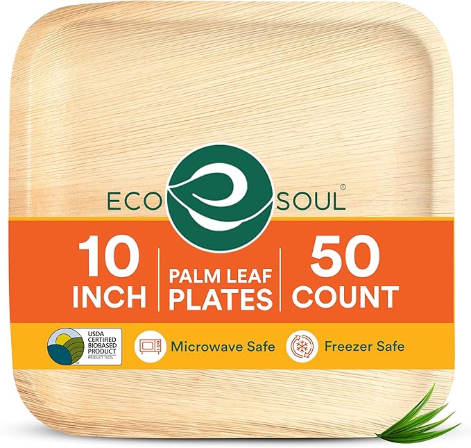 ECO SOUL 10 Inch Disposable Palm Leaf Plates [50 Pack] Premium Food-Safe Heavy Duty Compostable Bamboo Paper Plates for Lunch, Dinner, Birthday, Weddings, Party, Camping & Catering Events [Square]