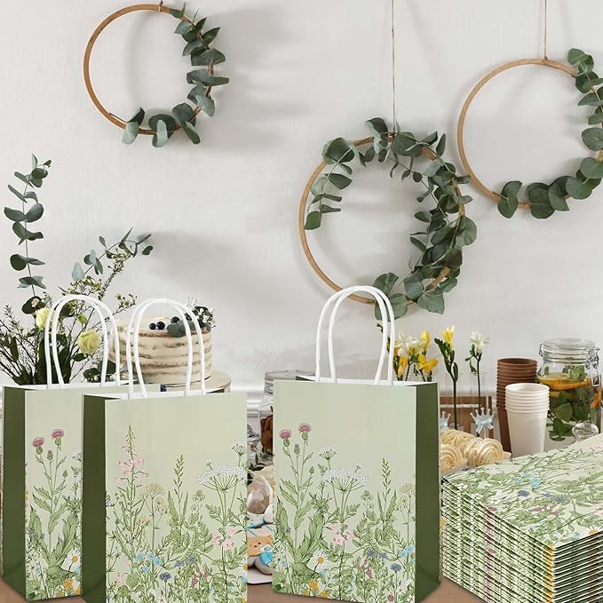 Bolsome 24Pcs Vintage Wildflower Paper Gift Bags Retro Floral Party Favor Bags with Handles Herb Goodie Candy Treat Bags for Wedding Birthday Baby Shower Party Supplies