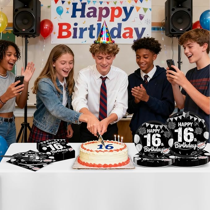 96PCS 16th Birthday Party Paper Plates and Napkins Black Silver 16th Birthday Supplies for Boys and Girls Disposable Dessert Plates Happy 16 Year Old Party Kids Birthday Gatherings Decorations