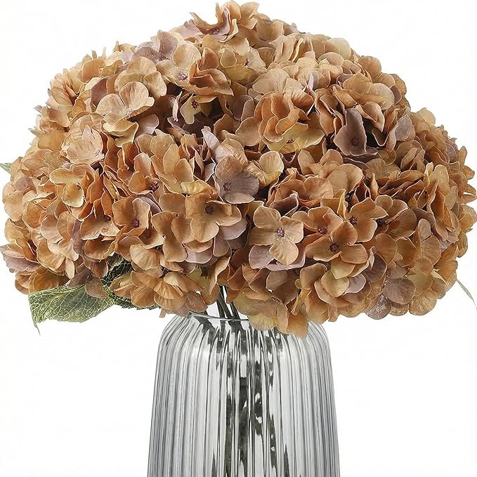 2Bouquets Artificial Fake Flowers Plants Silk Hydrangea Arrangements Wedding Bouquets Decorations Plastic Floral Home Kitchen Garden Party Festival Bar DIY(Brown Yellow)