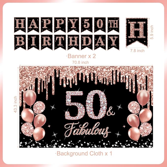 50th Birthday Decorations for Women, 38-Piece Black and Rose Gold 50 Years Old Party Supplies with Backdrop, Honeycomb Centerpieces, Banner, Hanging Swirls, Porch Banner, Balloons, Sash, Crown