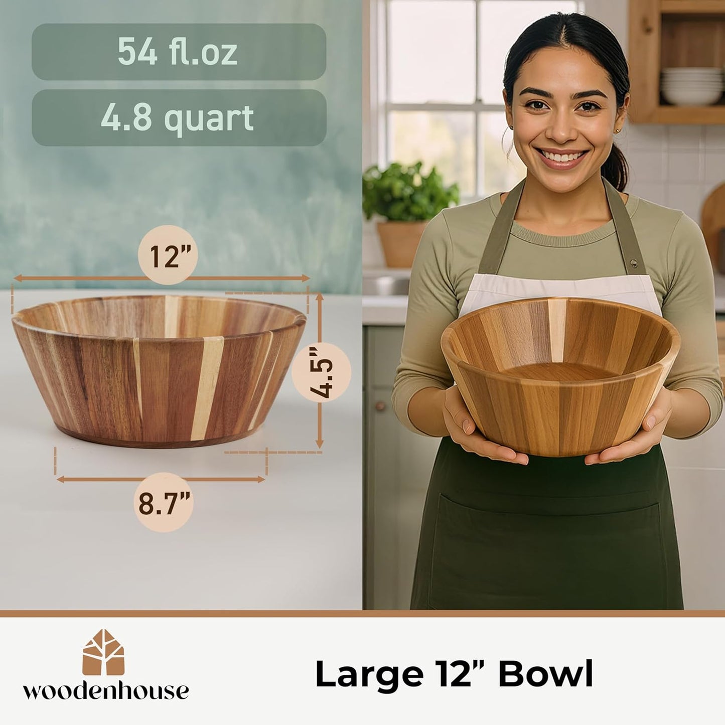 Woodenhouse Wooden Salad Bowl, Salad Bowl, Wooden Bowl - 12" Round Design Fruit Bowl, Handmade, Durable and Stylish Natural Wood Dining Accessory