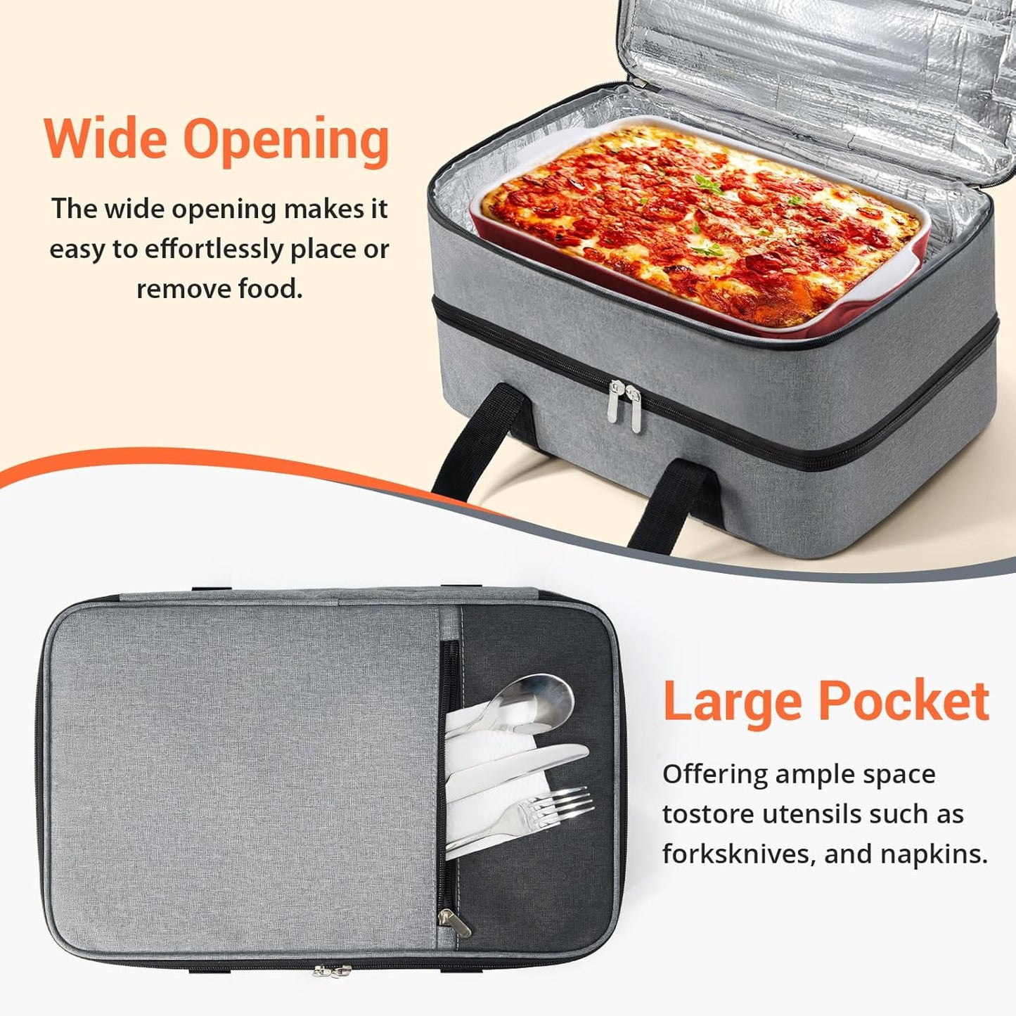 Double Insulated Casserole Carrier for Hot or Cold Food,Pie Carrier Bag Lunch Tote for Potluck Parties/Picnic/Cookouts, Fits 9"x13" Baking Dish, Grey