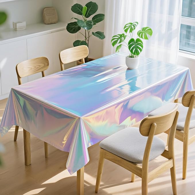 1 Pack Iridescent Tablecloth, 54" x 108" Birthday Party Table Cloths Iridescence Plastic Disposable Table Covers Iridescent Party Decorations, Birthday Decor Tablecloth for Buffet Table