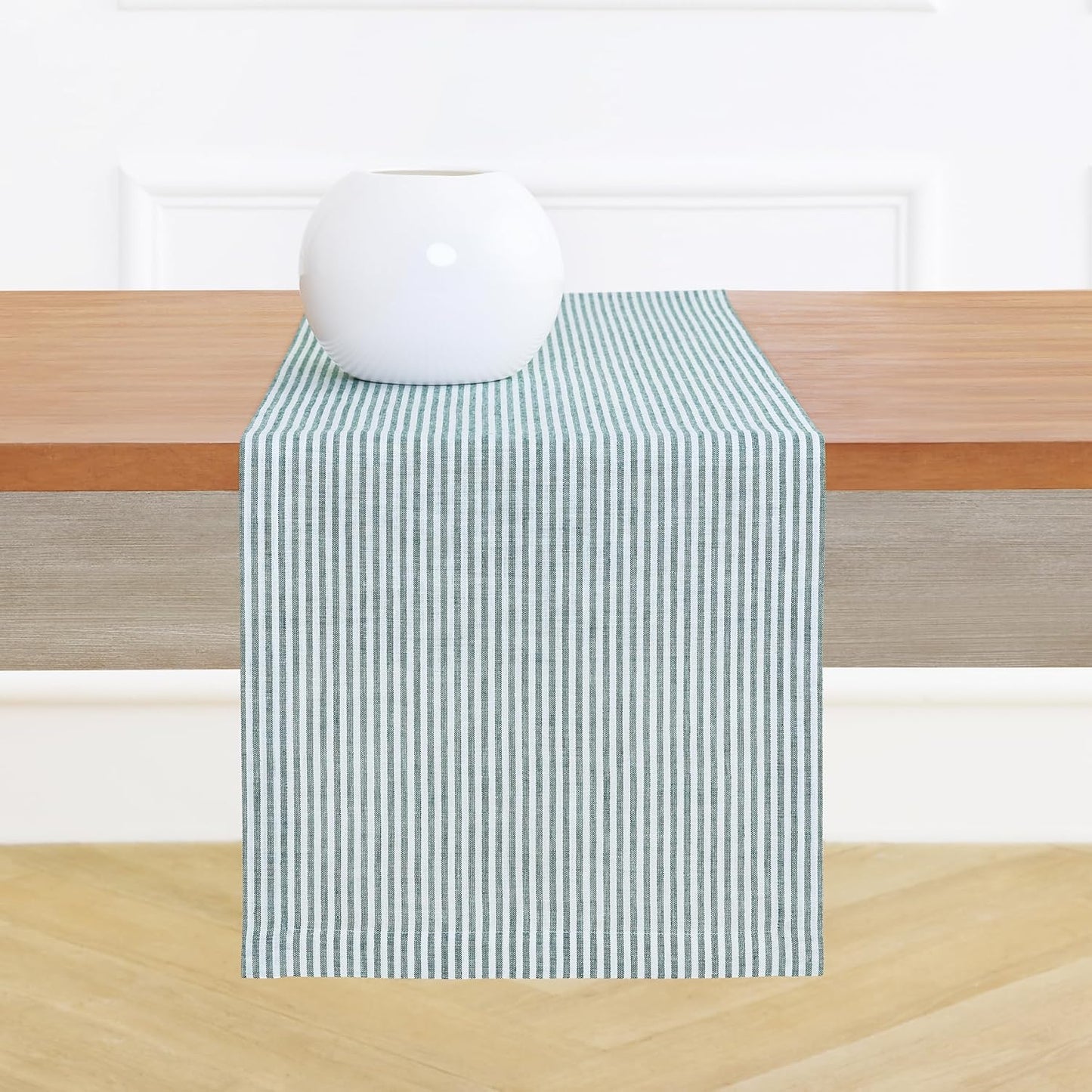 Solino Home Linen Striped Table Runner 108 Inches Long - Narrow Stripe 100% Pure Linen Rainforest and White Dining Table Runner 14 x 108 Inch for Christmas